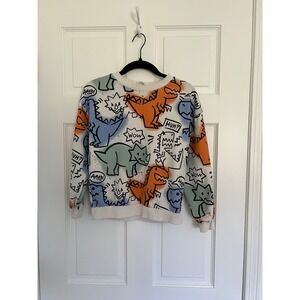 HM Kids Dinosaur Doodle Print Sweatshirt White Orange Blue Size 8-9Y